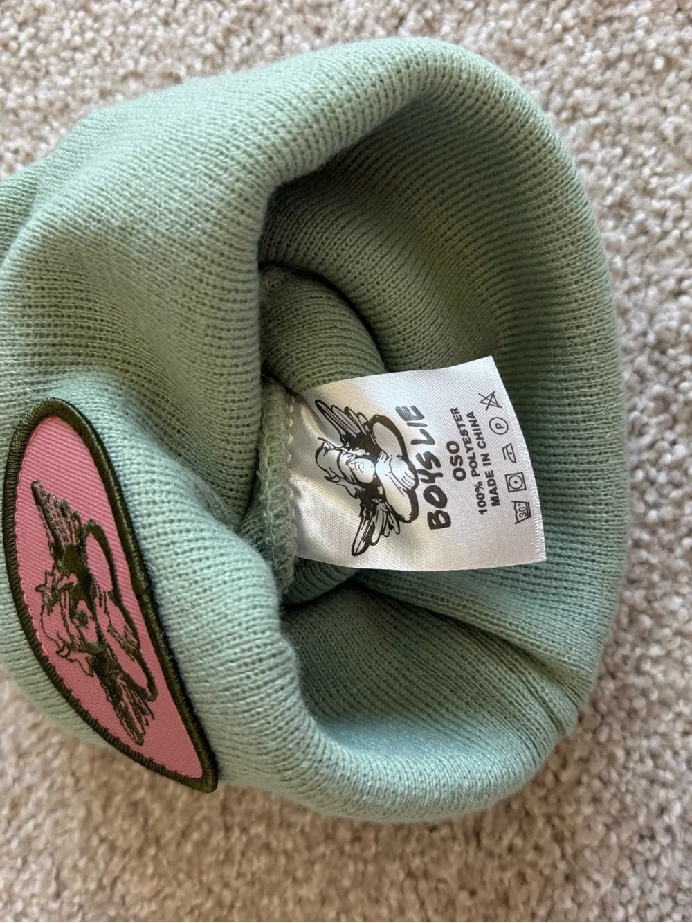 Boys Lie Mint Green Beanie with Pink Patch